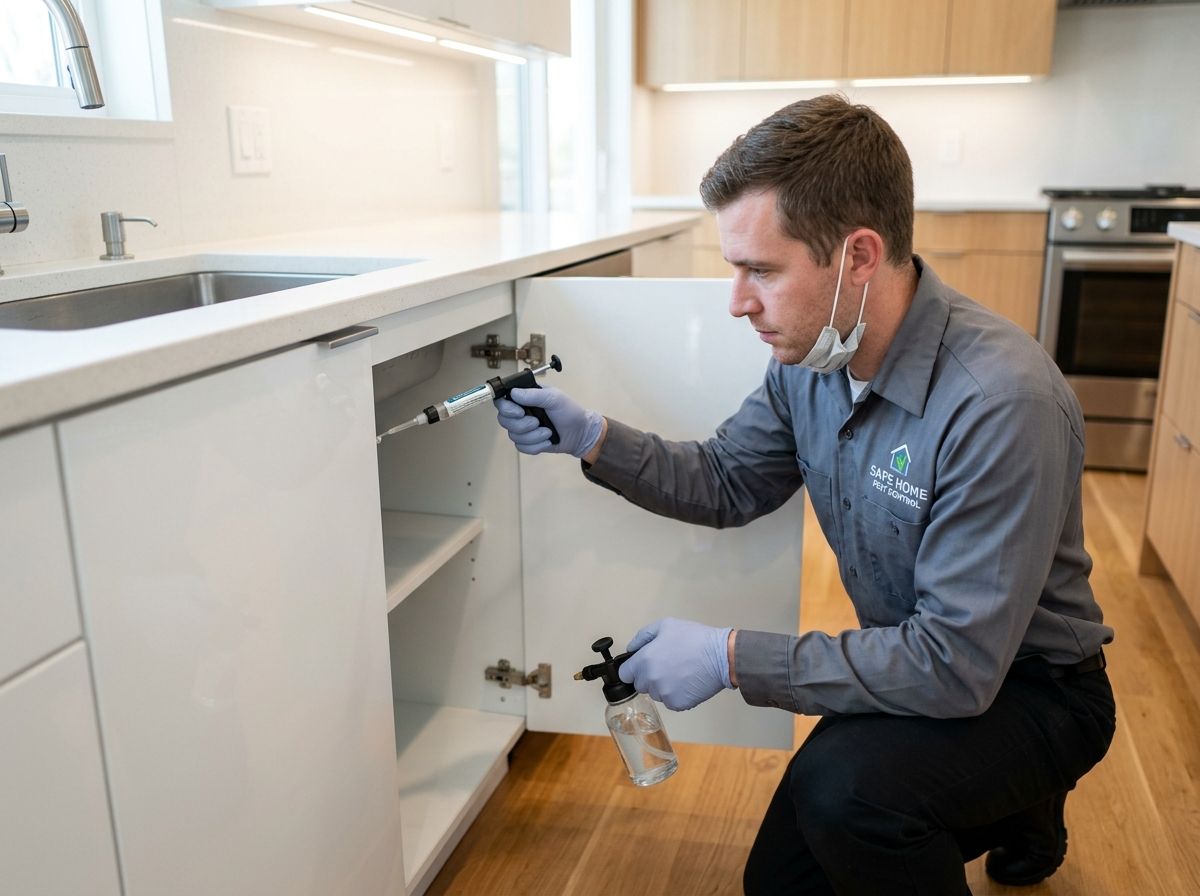GreenTick technician applying a safe gel treatment inside a home kitchen