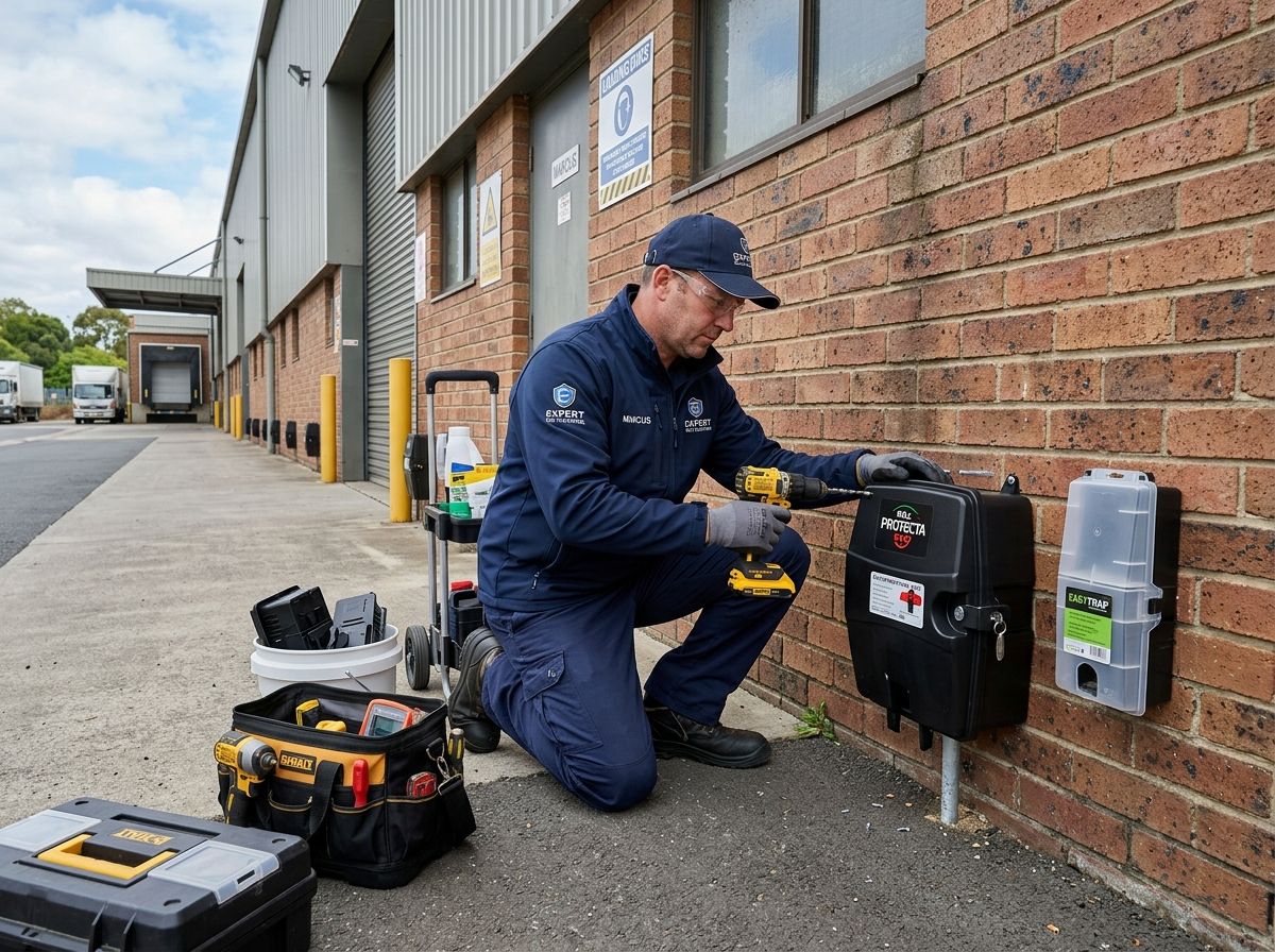 Rodent bait station installed outside an industrial warehouse